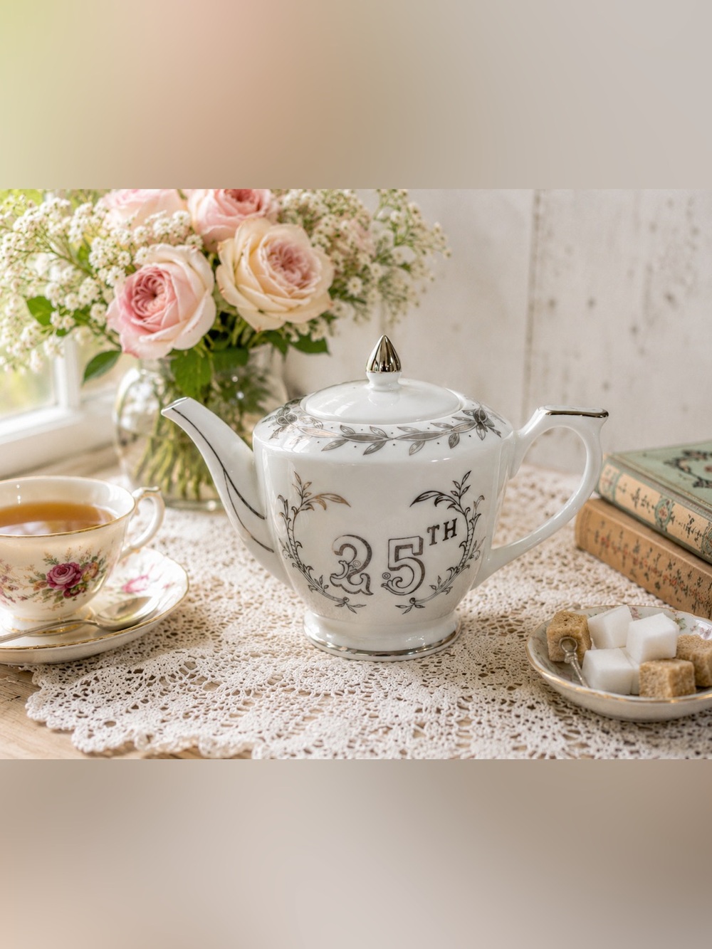Hand Painted 25th Silver Wedding Anniversary Teapot Porcelain Lefton China 279N